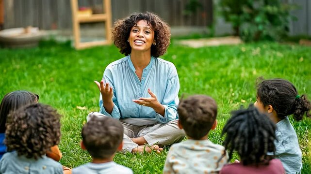 Young adult female teaching children in sunny park. Woman discussing with attentive diverse kids outdoors. Group learning session on green grass. Tranquil educational setting. Exploration, growth in