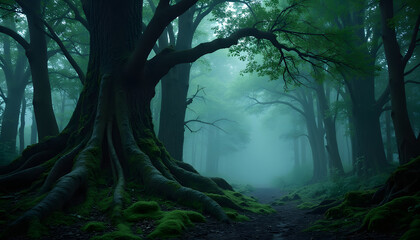 Mysterious forest at night with mist and ancient trees creating an enchanting atmosphere
