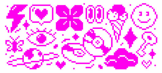 Acid Y2K neon retro pixilated video game sticker design elements, futuristic digital icons set