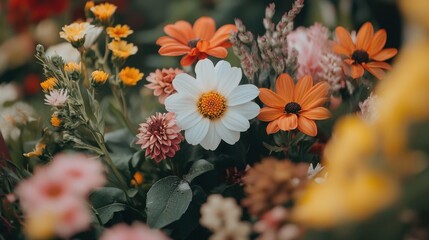 Vibrant Floral Arrangement with Colorful Daisy and Wildflowers in Peaceful Garden Setting