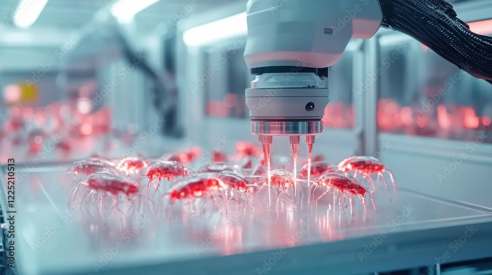 Poster automated 3d printing process in a futuristic laboratory setting with robotic equipment and high tec