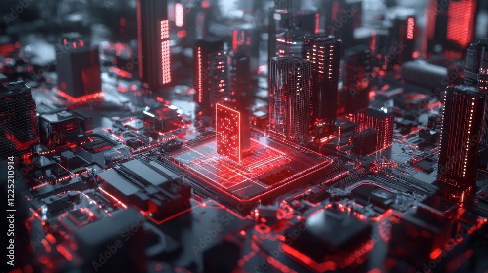 Poster futuristic 3d rendering of intricate computer circuit board with glowing red energy