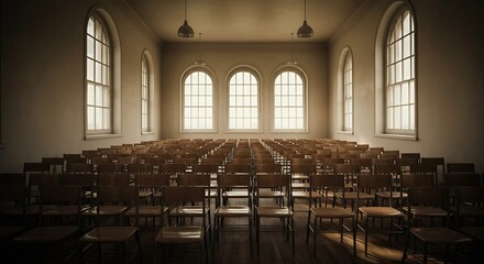 Fototapeta premium A large hall filled with neatly arranged rows of chairs, creating a spacious and organized setting