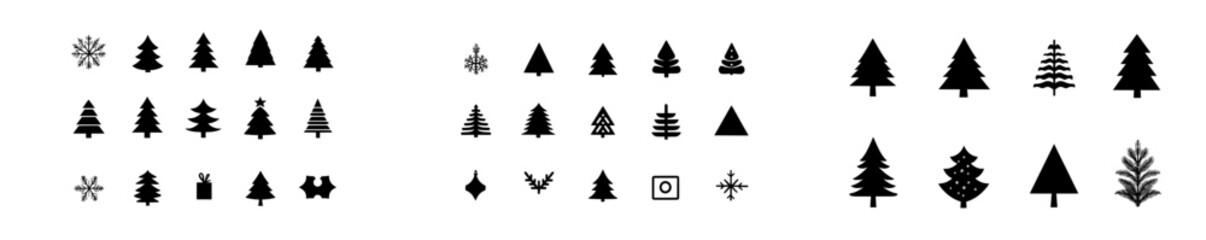 Obraz premium Icons of Christmas trees in isolation on a white background, depicted in modern black silhouettes with stars at their apex