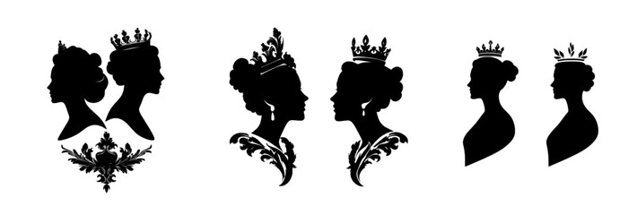 A modern silhouette portrait of a medieval fairy tale queen or princess surrounded by rose flowers and butterflies in black and white