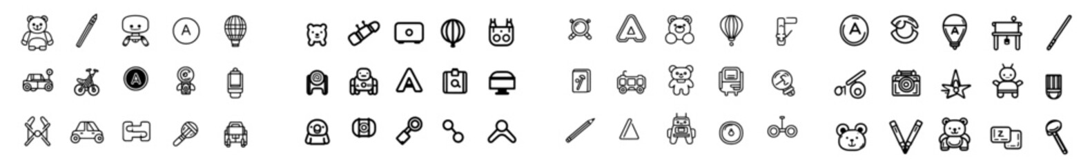 Design toy icons on a white backdrop using a contemporary line style illustration