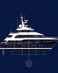 Naklejka premium blueprint style Elegant yacht blueprint on dark background. blueprint object design