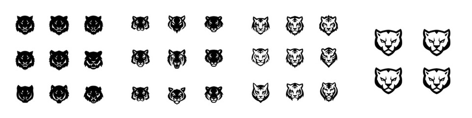 Modern set of tiger logos, face for logos, emblems, badges, and labels, isolated on a white background