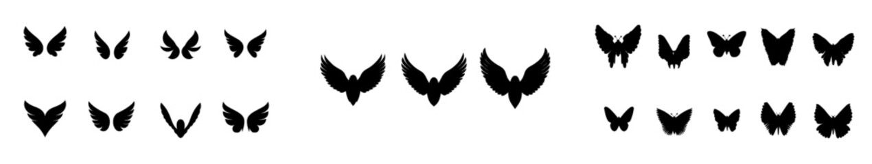 Black wings icons, including bird and angel wings. Collection of wings in diverse shapes. Modern illustration