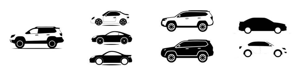 Fototapeta premium A modern, flat design illustrating a black silhouette of a car on a white background