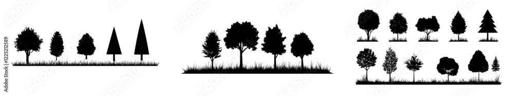 Wall mural minimal style cad tree line drawings in architectural form, showcasing side views and a set of tree 