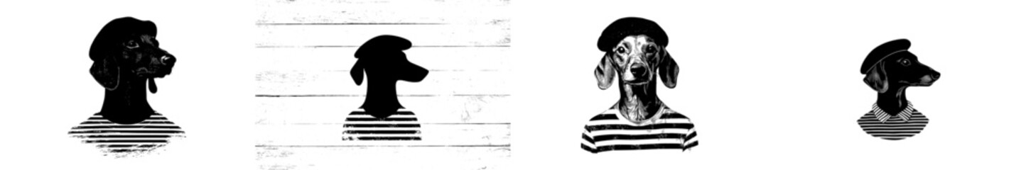 Obraz premium French dachshund wearing a beret and a striped T-shirt. Vintage engraving modern illustration, emblem, logo, cut out