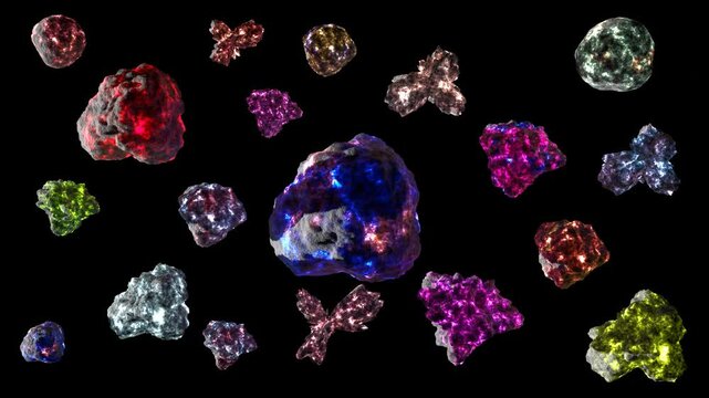 Some colorful glowing bornite like or  Peacock ore like ores rotating seamless looping animation on black background created by 3D modeling objects and materials.