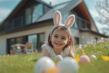 Happy child celebrating easter lying on grass with colorful eggs wearing bunny ears in a garden
