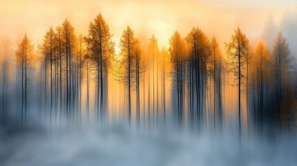 Fototapeta premium Golden sunrise through misty forest.