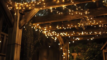 Featuring fairy lights stung up on a wooden pergola framework