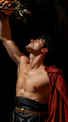 Naklejka premium Athletic man raises victorious trophy in a dramatic, dimly lit setting during a theatrical performance conveying strength and triumph