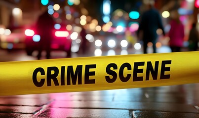 Restricted Crime Scene Area Marked by Prominent Yellow Tape in Blurred Urban Nightscape