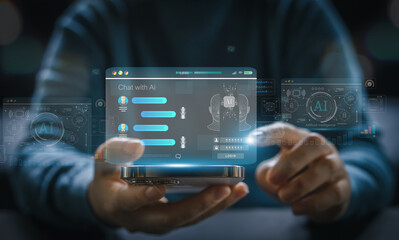 Ai technology concept with artificial intelligence chatbot and generative smart system, robotic, deep learning network, digital assistant, machine learning, algorithm, innovation and data processing