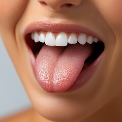 Obraz premium Close Up of a Woman s Mouth Sticking Tongue Out Towards on White Background