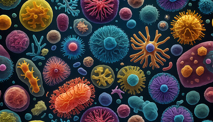 Microscopic View of Colorful Viruses and Bacteria – 3D Illustration 