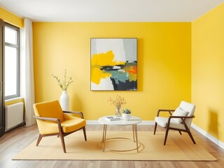Yellow living room with a chair, table, and abstract wall painting
