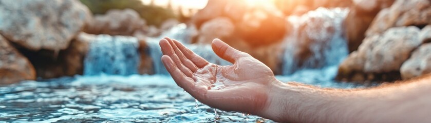 Fototapeta premium A serene image with gentle waterfalls and lush greenery, showing an open hand with water trickling from it The hand creates a sense of connection with nature and highlights the purity of the water