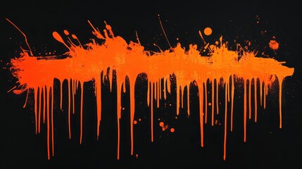 Bright Neon Orange Spray Paint Streaks with Dripping Effect on a Black Background for Abstract Art and Design Projects