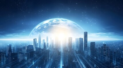 Futuristic Blue City Skyline with Planet and Glowing Light Rays in Sci Fi Digital Marketing Concept