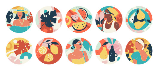 Summer vacation feminine round social media story highlight covers, fashion round backgrounds set