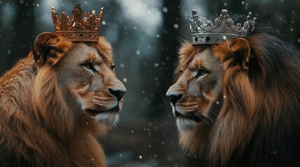 Fototapeta premium The lion deep gaze into the mirror reveals its strong, majestic reflection, symbolizing confidence and self awareness.