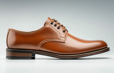 A formal brown leather brogue shoe with elegant perforations, displayed side on over a clean white surface to emphasize its classic appeal, isolated on clear white background.