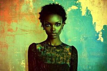 Fototapeta premium Commercial promotion creative. Short trim - highlighted hair. Stunning calm black girl - for ads, advertisement and online marketing use. Black girl advertising. African american woman style.