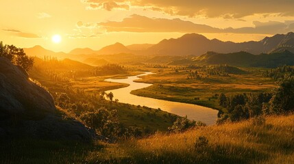 Fototapeta premium Scenic sunset over a winding river in a mountain valley.