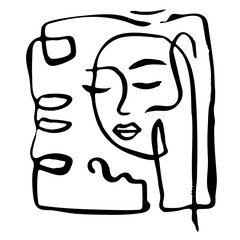 Woman Face Abstract Line Drawing. Abstract Female Face Creative Contemporary Vector Drawing. Grunge Boho Female Head, Elegant Vector Minimalist Art for Fashion Design, Wall Art, Prints