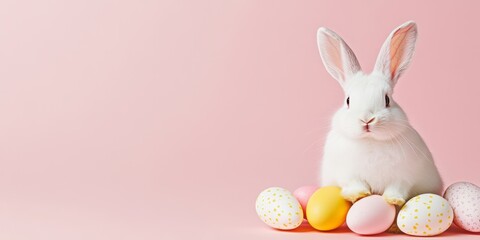 Obraz premium White rabbit on a pink background among Easter eggs. Easter and spring celebration concept. Spring card with space for text 