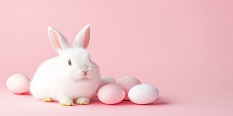 Obraz premium White rabbit on a pink background among Easter eggs. Easter and spring celebration concept. Spring card with space for text 
