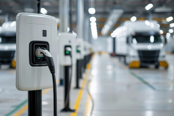 Electric Charging Stations For Commercial Trucks In A Modern Logistics Facility, Highlighting Sustainable Transport Solutions And Eco-Friendly Infrastructure To Enhance Operational Efficiency.