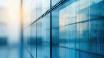 Modern glass facade office building architectural close up with abstract blurred reflections showcasing contemporary corporate design elements in urban setting perfect for business background