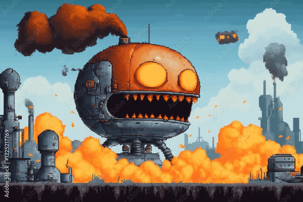 Poster A pixel art scene of a character with a fiery aura, surrounded by animated flames and an exaggerated angry face, set in a retro game environment