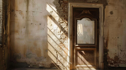 Fototapeta premium weathered door in abandoned room with peeling walls and sunlight casting shadows. atmosphere evokes sense of nostalgia and decay
