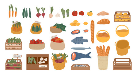Natural organic food, vegetables and fruits, fish and bread products for farmers street local market
