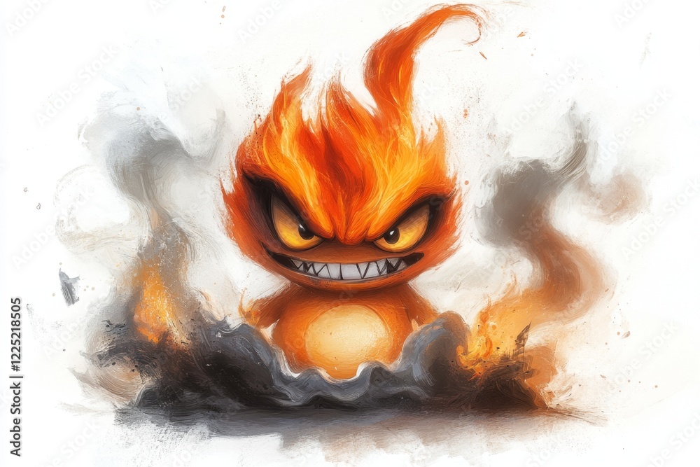 Poster a playful 2d depiction of a cartoonish fireball character with an angry face, surrounded by smoke an