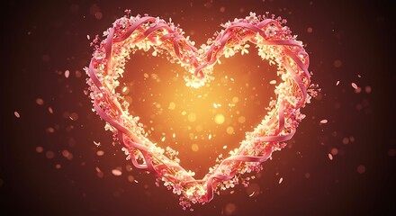 Romantic pink floral heart with decorative ribbon. Spring love is beautiful.