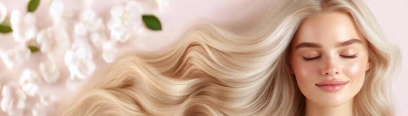 Fototapeta premium Discover the epitome of elegance with this sleek and polished portrait showcasing flowing blonde hair The silky texture and trendy glow of the hairstyle create a captivating visual Experience the