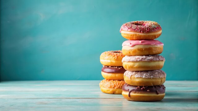 Assorted colorful donuts arranged in a neat stack on a soft pastel blue background with subtle texture and gentle gradient, baked goods, snack time