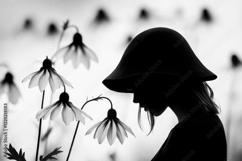 Poster a silhouette of a figure standing under a single drooping flower, with muted tones and clean lines e