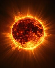 Fiery sphere with bright light and dark background showing intense heat and glowing texture