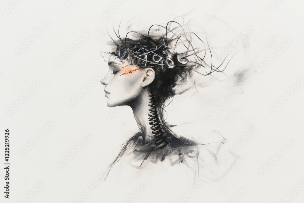 Poster a simple drawing of a human silhouette with jagged lines and spirals emanating from their head, repr