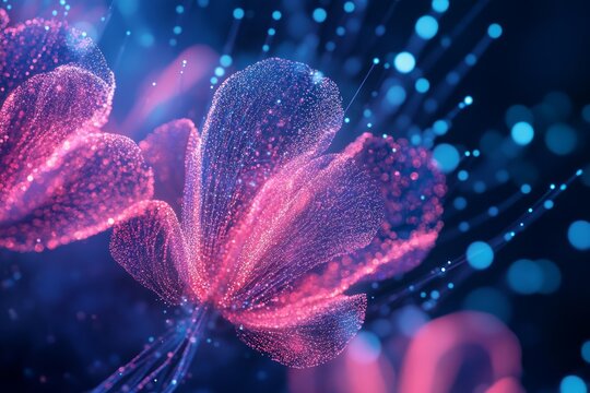 Pink and blue glowing particles forming a flower shape in a futuristic microworld